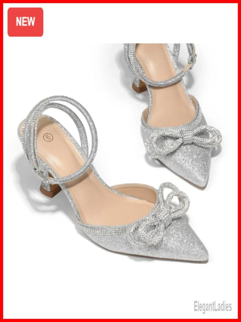 Rhinestone Bow Kitten Heels, Pointed Toe Ankle Strap Pumps Wedding Shoes
